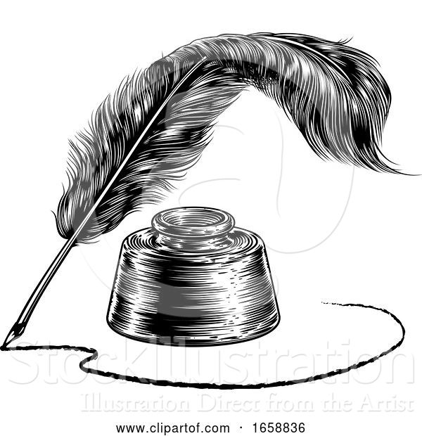 Vector Illustration of Writing Feather Quill Ink Pen and Inkwell