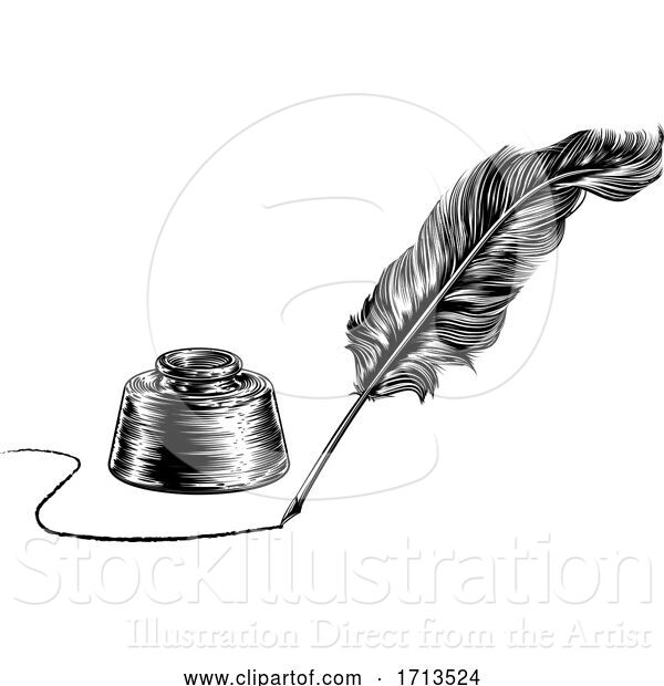 Vector Illustration of Writing Quill Feather Pen and Inkwell