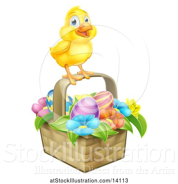 Vector Illustration of Yellow Chick on a Basket with Easter Eggs and Flowers