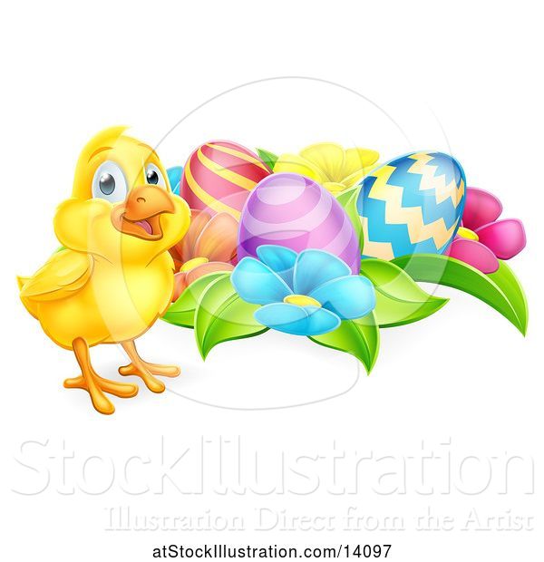 Vector Illustration of Yellow Chick with Easter Eggs and Flowers