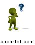 Illustration of a 3d Green Man Pondering and Looking at a Question Mark by AtStockIllustration