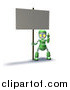 Illustration of a 3d Green Robot Character Pointing up and Holding a Blank Sign by AtStockIllustration