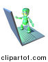 Illustration of a 3d Green Robot Character Standing on a Giant Laptop by AtStockIllustration