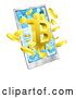 Vector Illustration of 3d Gold Bitcoin Currency Symbol Bursting from a Cell Phone Screen by AtStockIllustration