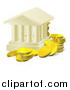 Vector Illustration of 3d Gold Coins Around a Columned Building by AtStockIllustration