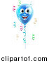 Vector Illustration of a 3d Blue Smiling Happy Birthday Balloon Character and Colorful Ribbon Confetti by AtStockIllustration