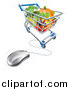Vector Illustration of a 3d Computer Mouse Connected to an Online Shopping Cart with Produce by AtStockIllustration
