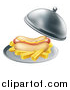 Vector Illustration of a 3d Hot Dog with a Side of French Fries Being Served in a Cloche Platter by AtStockIllustration