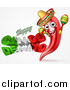 Vector Illustration of a 3d Mexican Flag Colored Happy Cinco De Mayo Text Design with a Chile Pepper Mascot Holding Maracas by AtStockIllustration