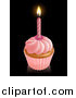 Vector Illustration of a 3d Pink Frosted Birthday Cupcake with a Lit Candle by AtStockIllustration