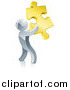 Vector Illustration of a 3d Silver Man Holding a Golden Puzzle Piece by AtStockIllustration