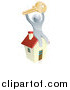 Vector Illustration of a 3d Silver Man Holding up a Key and Sitting on a House by AtStockIllustration
