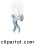 Vector Illustration of a 3d Silver Man Inventor Holding up a Light Bulb by AtStockIllustration