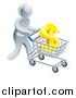 Vector Illustration of a 3d Silver Man Pushing a Dollar Symbol in a Shopping Cart by AtStockIllustration