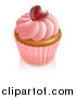 Vector Illustration of a 3d Vanilla Cupcake with Pink Frosting and a Shiny Red Heart by AtStockIllustration