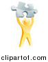 Vector Illustration of a 3d Victorious Gold Man Holding up a Silver Puzzle Piece by AtStockIllustration