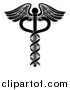 Vector Illustration of a Black and White Medical Caduceus with DNA Strand Snakes on a Winged Rod by AtStockIllustration