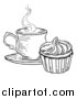 Vector Illustration of a Black and White Sketched Cupcake and Tea or Coffee by AtStockIllustration