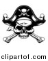 Vector Illustration of a Black and White Skull Wearing an Eye Patch and Pirate Hat over Crossbones by AtStockIllustration