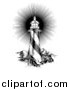 Vector Illustration of a Black and White Woodcut Lighthouse with a Shining Light by AtStockIllustration