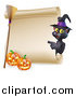 Vector Illustration of a Black Cat Wearing a Witch Hat and Pointing to a Scroll Sign with a Broomstick and Halloween Pumpkins by AtStockIllustration