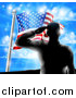 Vector Illustration of a Black Silhouetted Solder Saluting on a Hill Top over an American Flag and Sky by AtStockIllustration