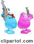 Vector Illustration of a Blue Bean Character Wearing a Red Headband and Holding a Big Machine Gun While a Disadvantaged Pink Bean Character Holds a Puny Little Gun by AtStockIllustration