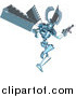 Vector Illustration of a Blue Manga Style Metal Robot Jumping and Holding a Laser Gun by AtStockIllustration