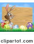 Vector Illustration of a Brown Easter Bunny with Eggs in Grass and a Basket by a Wood Sign with Blue Sky by AtStockIllustration