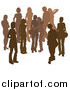 Vector Illustration of a Brown Group of Silhouetted People Hanging out in a Crowd, Two Friends Embracing in the Middle by AtStockIllustration