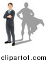 Vector Illustration of a Brunette Caucasian Businesman Standing with Folded Arms and a Super Hero Shadow by AtStockIllustration