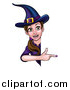 Vector Illustration of a Brunette Witch Pointing Around a Halloween Sign by AtStockIllustration