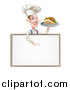 Vector Illustration of a Cartoon Caucasian Male Chef with a Curling Mustache, Holding a Kebab Sandwich on a Tray and Pointing down at a Blank Menu Sign by AtStockIllustration