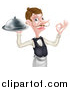 Vector Illustration of a Cartoon Caucasian Male Waiter with a Curling Mustache, Holding a Cloche Platter and Gesturing Ok by AtStockIllustration