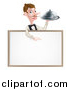 Vector Illustration of a Cartoon Caucasian Male Waiter with a Curling Mustache, Holding a Cloche Platter over a Blank White Menu Sign by AtStockIllustration