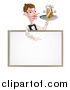 Vector Illustration of a Cartoon Caucasian Male Waiter with a Curling Mustache, Holding a Kebab Sandwich Character on a Tray, Pointing down over a Blank Sign by AtStockIllustration