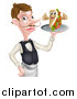 Vector Illustration of a Cartoon Caucasian Male Waiter with a Curling Mustache, Holding a Kebab Sandwich on a Tray by AtStockIllustration