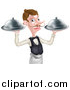 Vector Illustration of a Cartoon Caucasian Male Waiter with a Curling Mustache, Holding Two Cloche Platters by AtStockIllustration