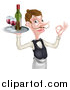Vector Illustration of a Cartoon Caucasian Male Water with a Curling Mustache, Gesturing Ok, and Holding Red Wine on a Tray by AtStockIllustration