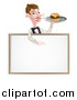 Vector Illustration of a Cartoon Caucasian Male Water with a Curling Mustache, Holding a Burger on a Tray and Pointing down over a White Sign by AtStockIllustration
