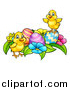 Vector Illustration of a Cartoon Cute Yellow Chicks with Easter Eggs and Flowers by AtStockIllustration