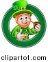 Vector Illustration of a Cartoon Friendly St Patricks Day Leprechaun Giving a Thumb up and Smoking a Pipe in a Green Circle by AtStockIllustration