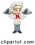 Vector Illustration of a Cartoon Full Length Happy White Female Chef Holding Two Cloche Platters by AtStockIllustration