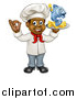 Vector Illustration of a Cartoon Full Length Happy Young Black Male Chef Holding a Fish Character and Chips on a Tray by AtStockIllustration