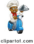 Vector Illustration of a Cartoon Happy Black Male Chef Holding a Cloche Platter and Riding a Scooter by AtStockIllustration