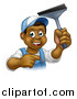 Vector Illustration of a Cartoon Happy Black Male Window Cleaner in Blue, Pointing and Holding a Squeegee by AtStockIllustration