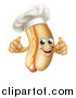Vector Illustration of a Cartoon Happy Chef Hot Dog Mascot with a Strip of Mustard, Giving Two Thumbs up by AtStockIllustration