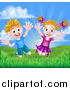 Vector Illustration of a Cartoon Happy Excited Blond Caucasian Boy and Girl Jumping Outdoors by AtStockIllustration