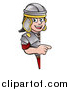 Vector Illustration of a Cartoon Happy Roman Soldier Pointing Around a Sign by AtStockIllustration