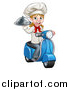 Vector Illustration of a Cartoon Happy White Female Chef Holding a Cloche Platter and Riding a Scooter by AtStockIllustration